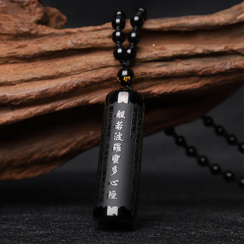 Natural Black Obsidian Luck Muse Heart Sutra Necklace Pendant - Image 2