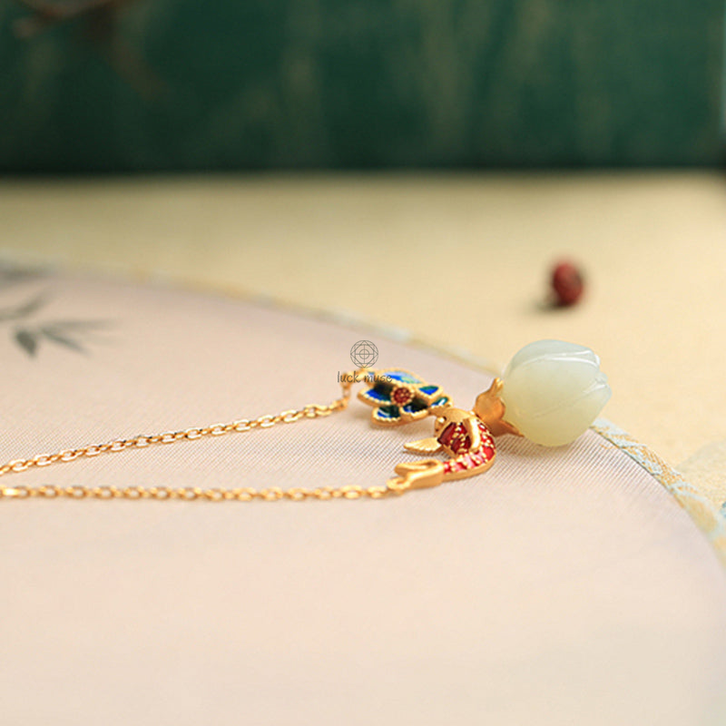 Luck Muse Shop 925 Sterling Silver White Jade Koi Fish Lotus Protection Necklace Pendant - Image 8