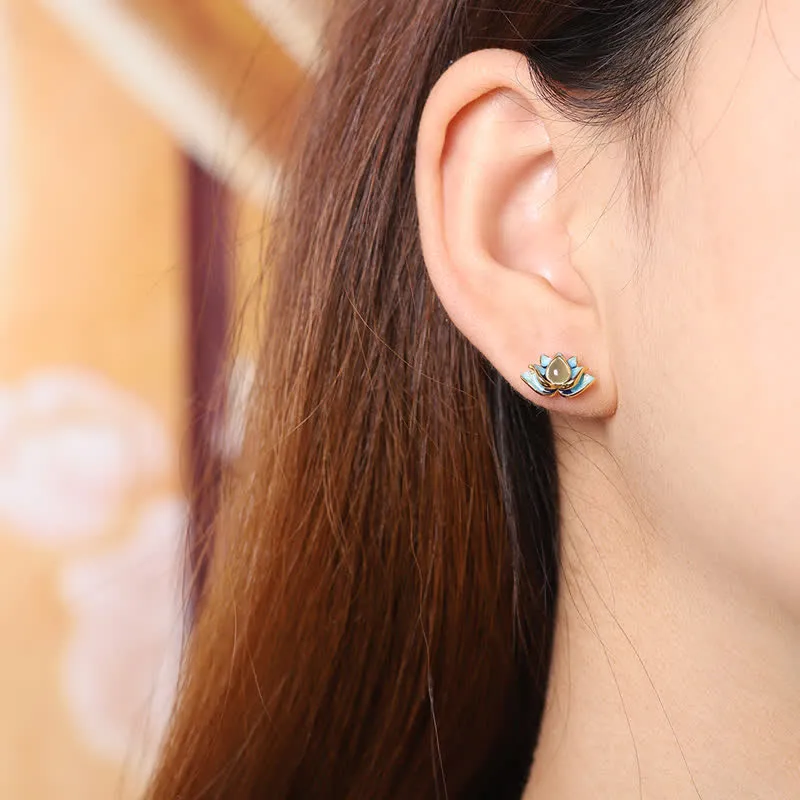Luck Muse 925 Sterling Silver Hetian Cyan Jade Lotus Success Earrings - Image 2