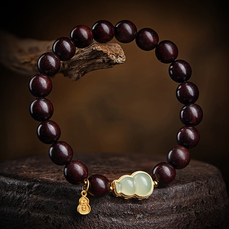 Luck Muse Small Leaf Red Sandalwood Gourd Jade Relaxation Bracelet - Image 3
