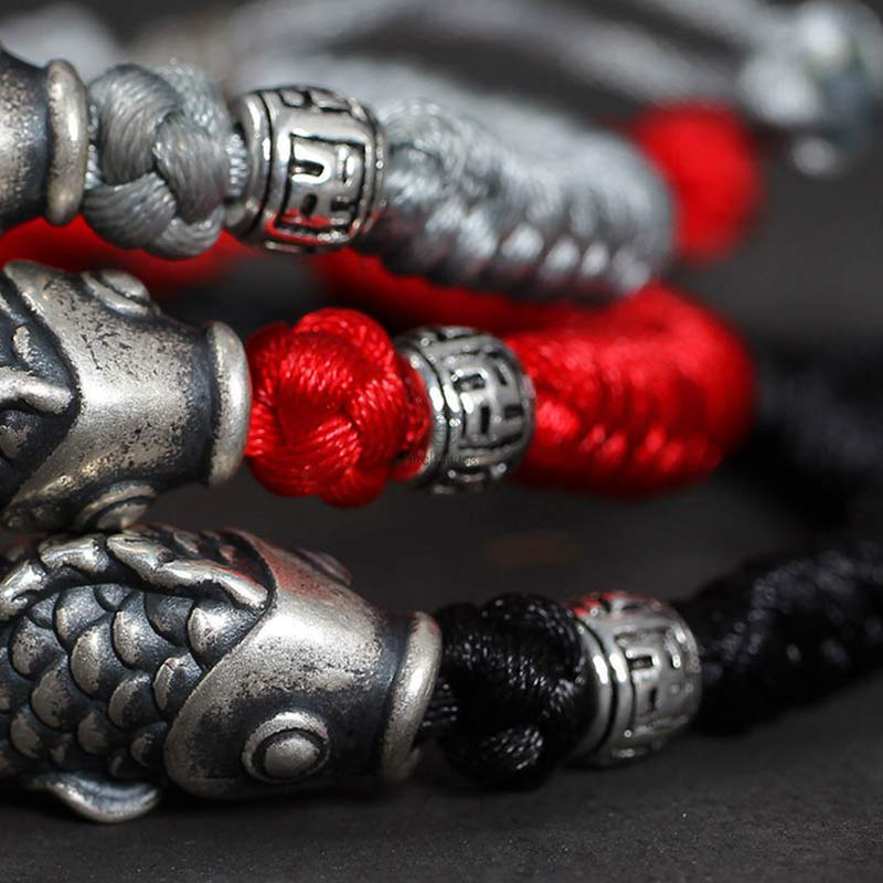 Braided String Bracelet with Silver Koi Fish Design for Good Fortune - Image 9