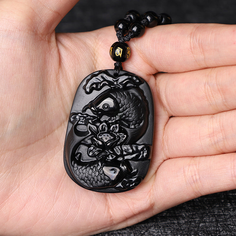 Natural Black Obsidian Koi Fish Lotus Strength Beaded Necklace - Image 8