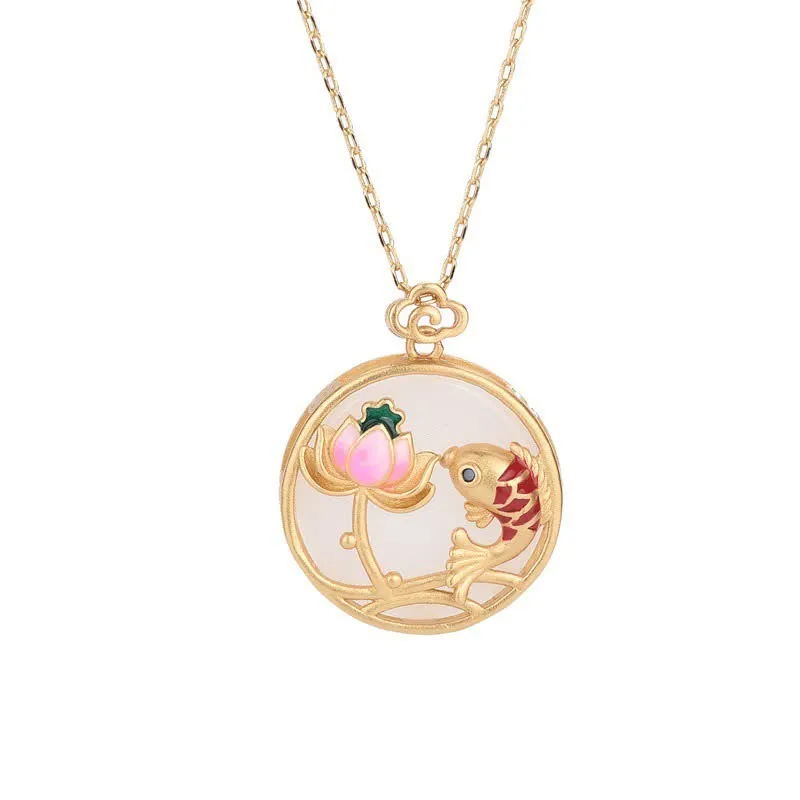 White Jade Koi Fish Lotus Blessing Necklace With Pendant - Image 5