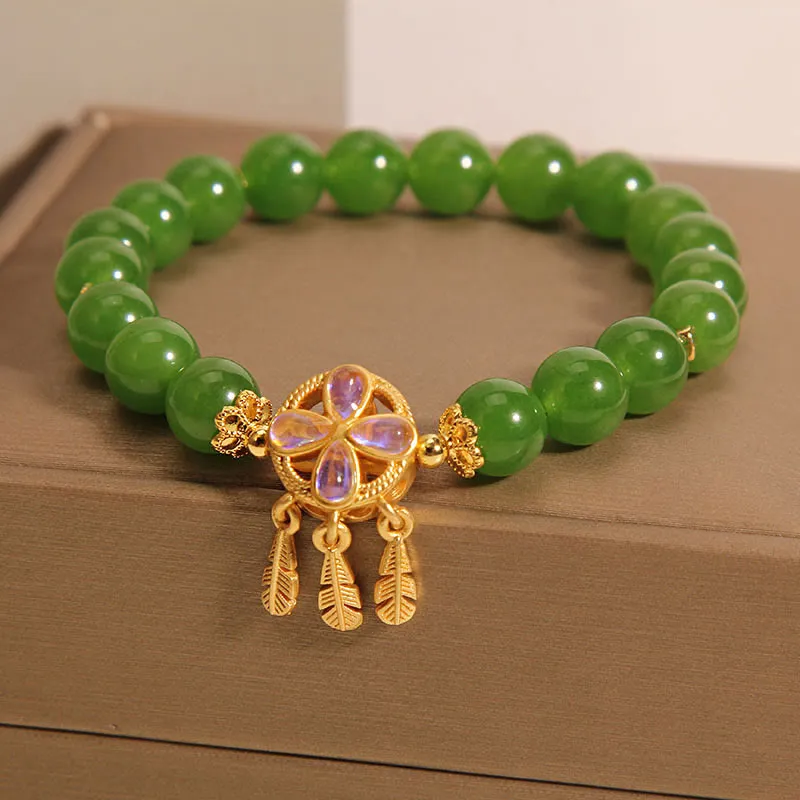 Natural Green Jade Dreamcatcher Four Leaf Clover Luck Bracelet crafted by Luck Muse Shop - Image 2