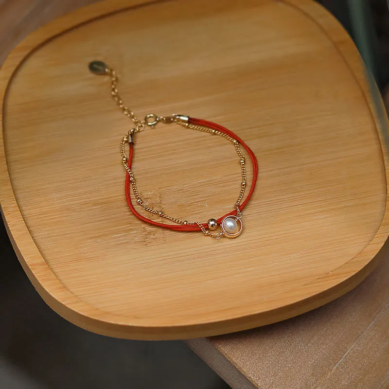 Double Layer Pearl Bead and Red String Bracelet with 14K Gold Plating by Luck Muse Shop