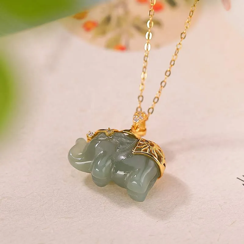 Luck Muse Jade Elephant Blessing Fortune 925 Sterling Silver Necklace Pendant - Image 5