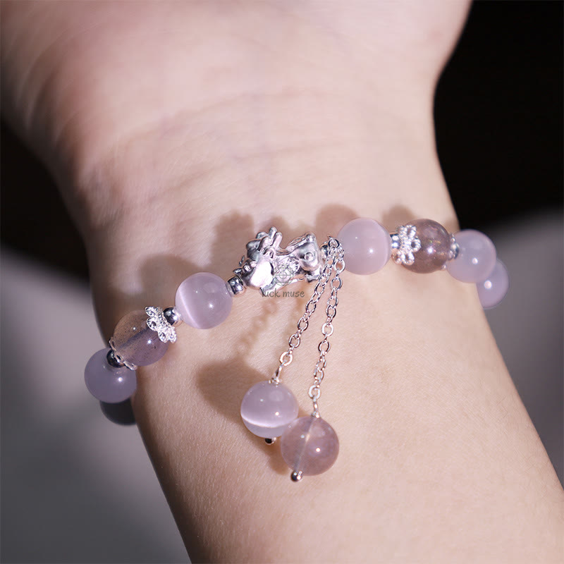 Luck Muse Cat's Eye Moonstone Strawberry Quartz PiXiu Bracelet - Image 5