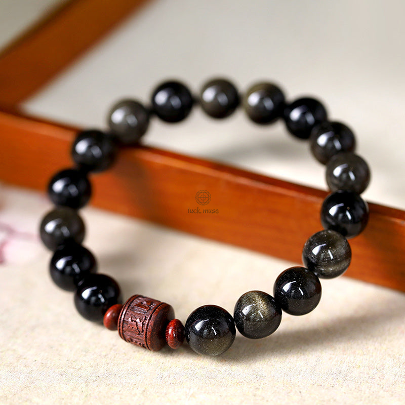 Natural Gold Sheen Obsidian Rainbow Obsidian Om Mani Padme Hum Healing Bracelet