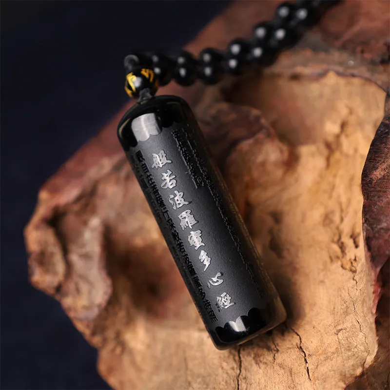 Natural Black Obsidian Luck Muse Heart Sutra Necklace Pendant - Image 5