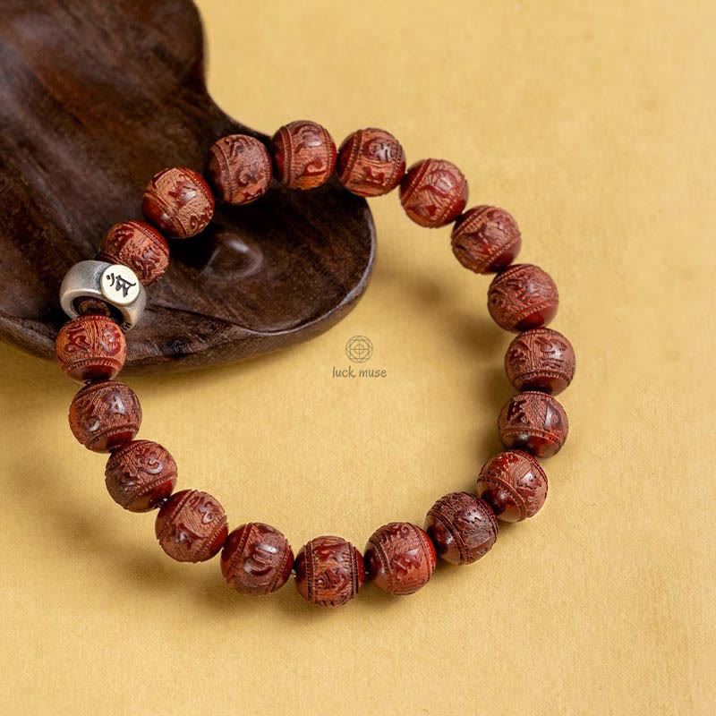Luck Muse Chinese Zodiac Bracelet - Red Sandalwood Om Mani Padme Hum Protection