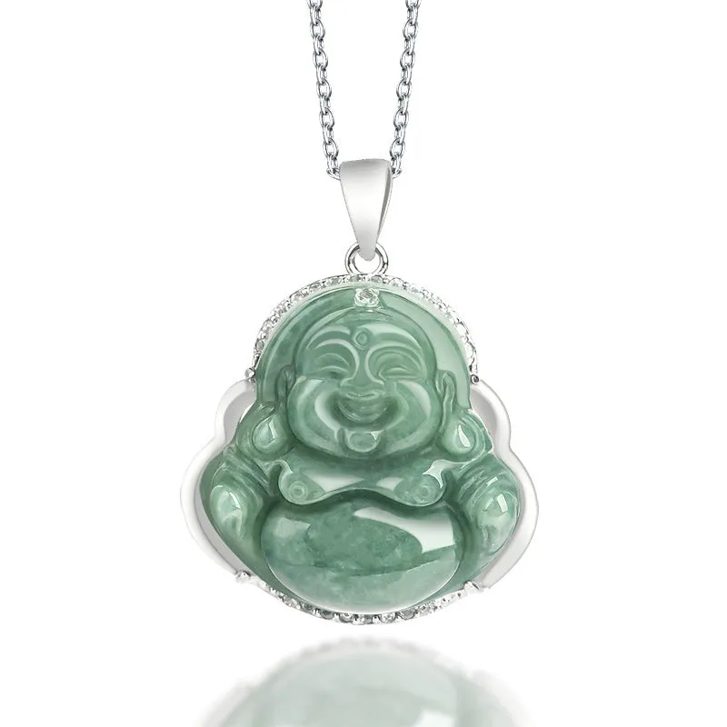 925 Sterling Silver Laughing Buddha Jade Abundance Necklace Pendant