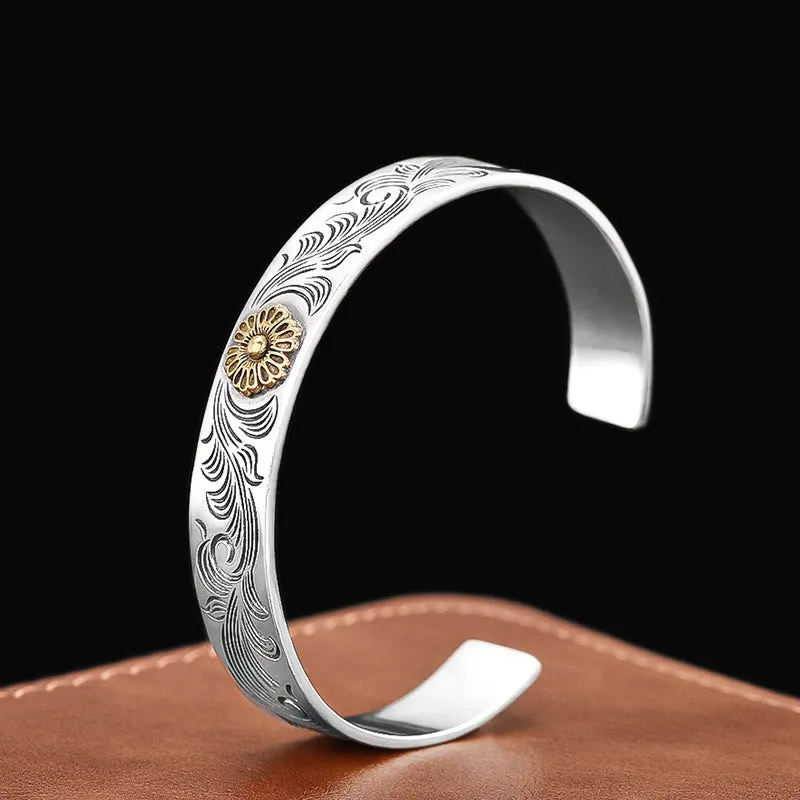 Tang Dynasty Inspired Luck Muse Floral Copper Bracelet with Feather Carving for Luck