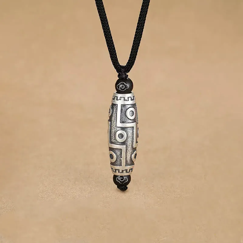 Tibet Nine-Eye Dzi Bead Copper Necklace Pendant with Auspicious Clouds Pattern