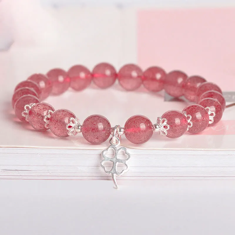 Luck Muse 925 Silver Strawberry Quartz Four Leaf Clover Love Bracelet