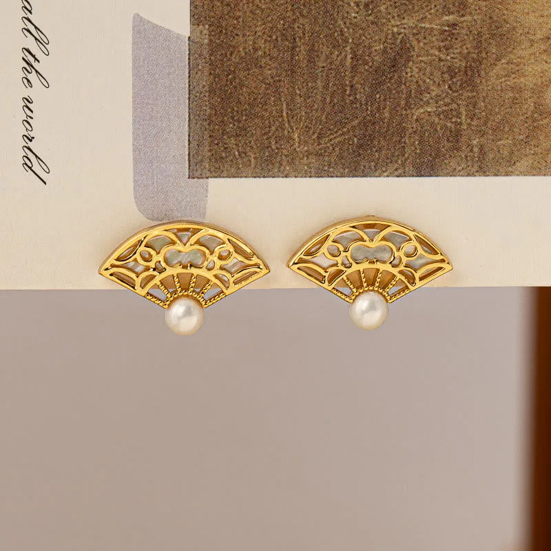Luck Muse 925 Sterling Silver Earrings with Fan Pattern Pearl Copper Wisdom Stud Drop - Image 3