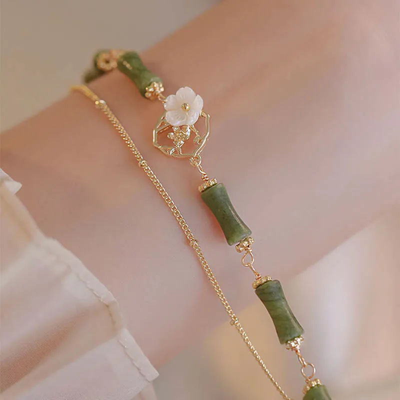 Luck Muse Double Layer Peridot Bamboo Flower Bracelet - 14k Gold Plated Copper, Symbolizing Wealth - Image 5