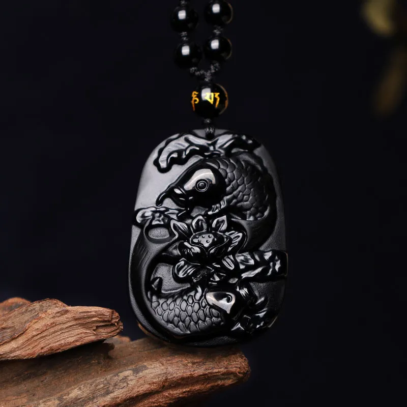 Natural Black Obsidian Koi Fish Lotus Strength Beaded Necklace