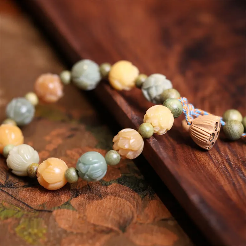 Sandalwood Buddha Bracelet with Bodhi Seed, Green Lotus, Wisdom, and Harmony Stones - Image 3