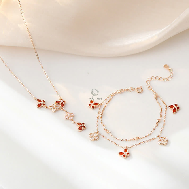 Luck Muse 925 Sterling Silver Red Agate Tridacna Stone Butterfly Set