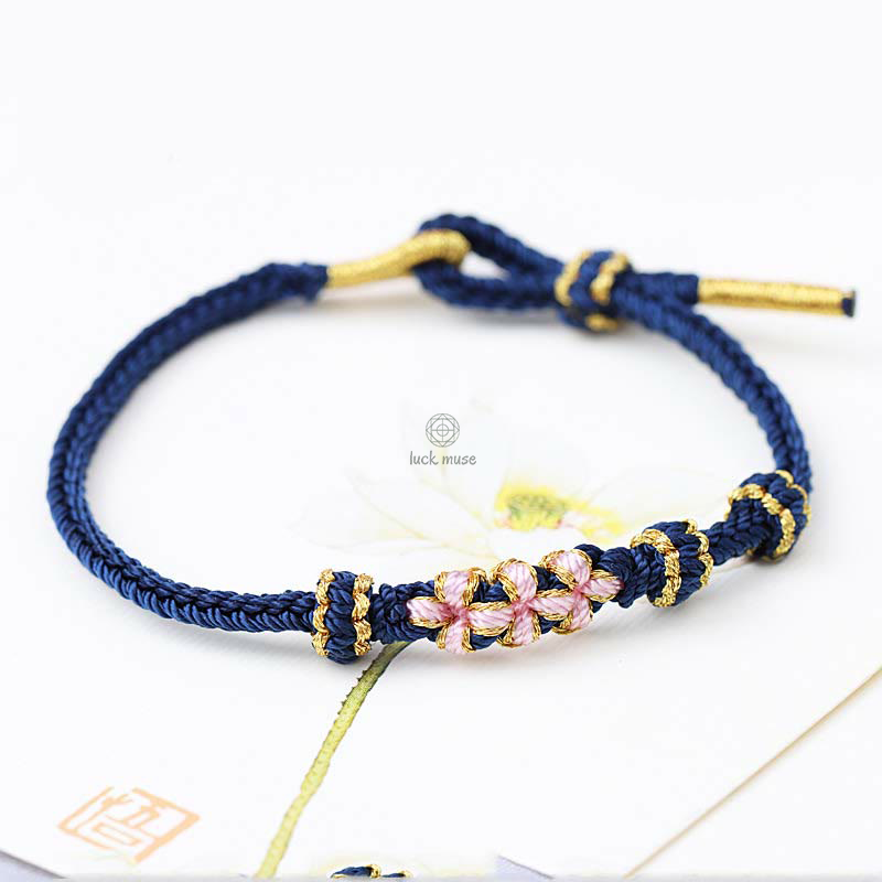 Braided String Bracelet with Handmade Three Peach Blossoms for Good Luck - Eight Strands - Image 15