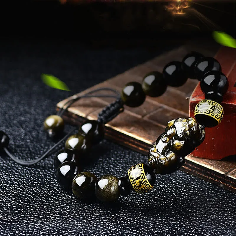 Natural Gold Sheen Obsidian PiXiu Wealth Bracelet with Om Mani Padme Hum - Image 9