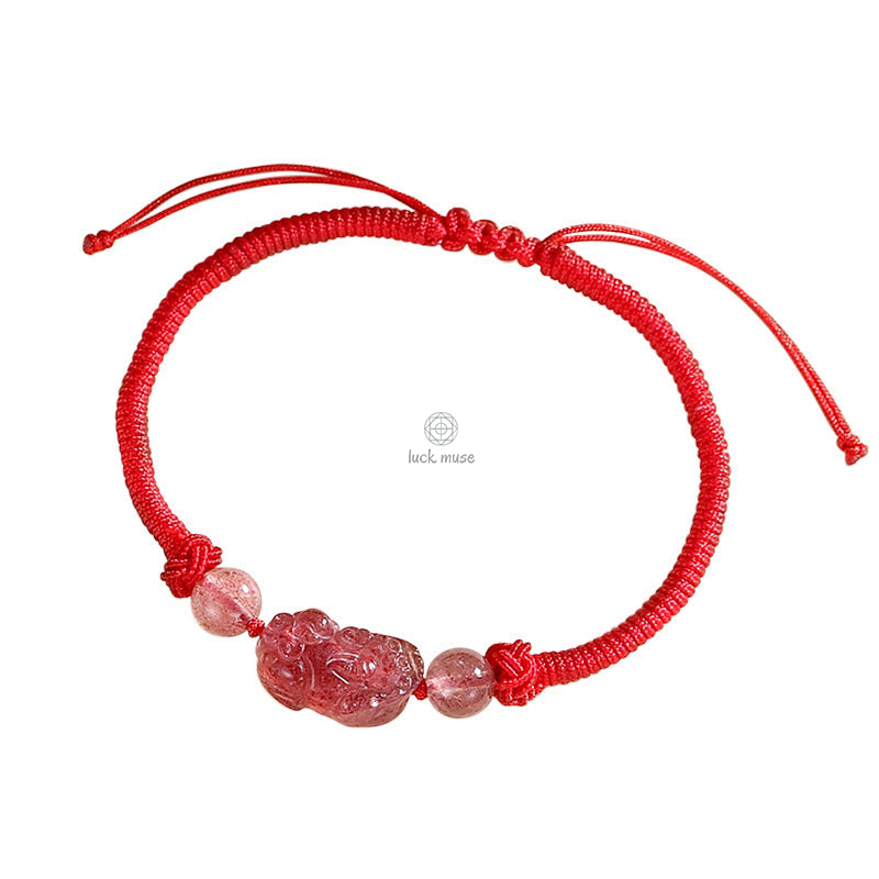 Handmade Silver Sheen Obsidian & Strawberry Quartz PiXiu Protection Bracelet - Image 8