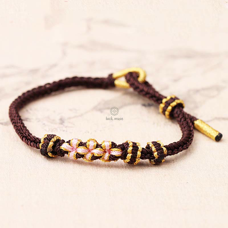 Braided String Bracelet with Handmade Three Peach Blossoms for Good Luck - Eight Strands - Image 16