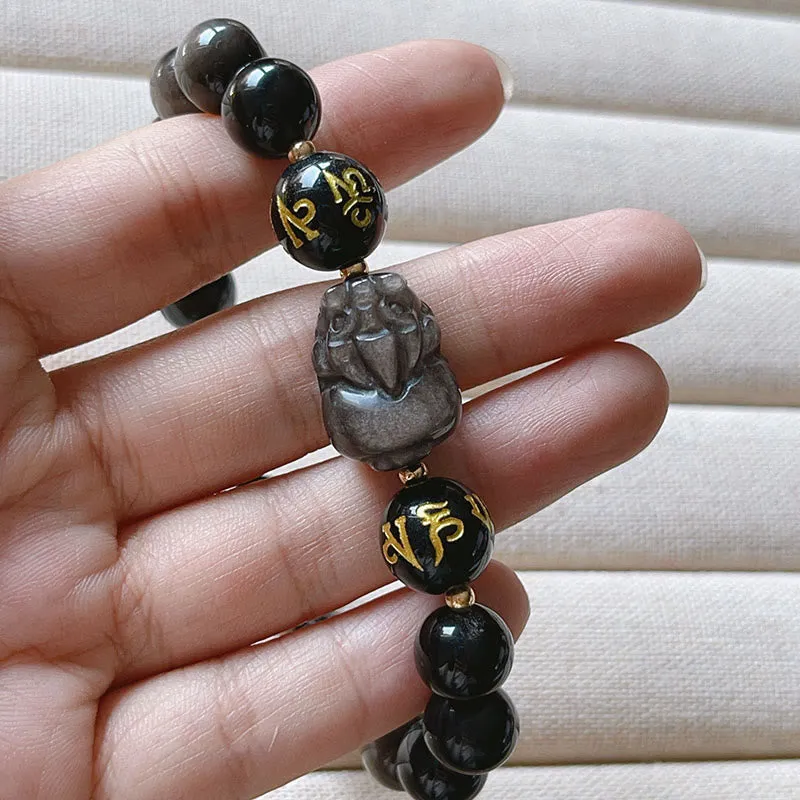 Silver Sheen Obsidian Luck Muse Bracelet with Om Mani Padme Hum Pixiu Protection - Image 5