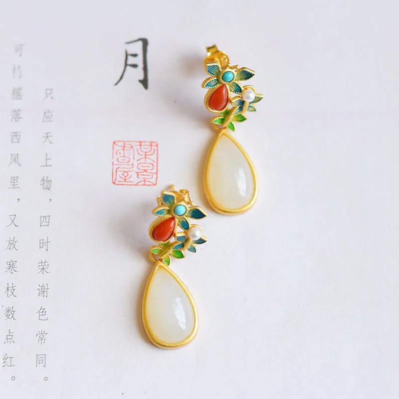 White Jade Red Agate Butterfly Protection Drop Earrings with Luck Muse - Image 4