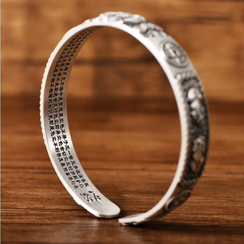 Tibetan PiXiu White Copper Wealth Bracelet with Heart Sutra Coin - Adjustable Bangle - Image 5