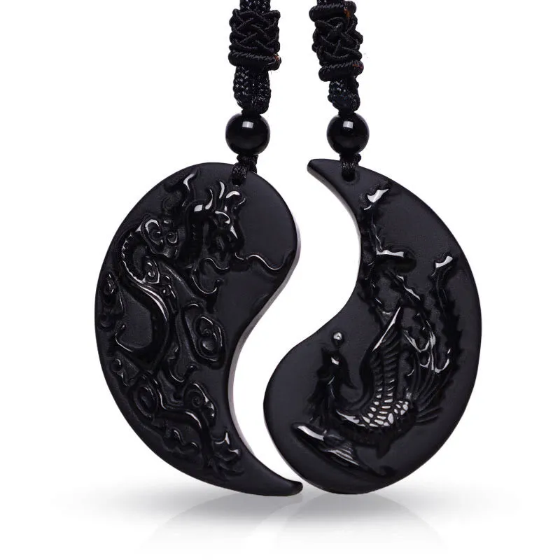 Black Obsidian Yin Yang Dragon Phoenix Lucky Necklace Pendant by Luck Muse Shop