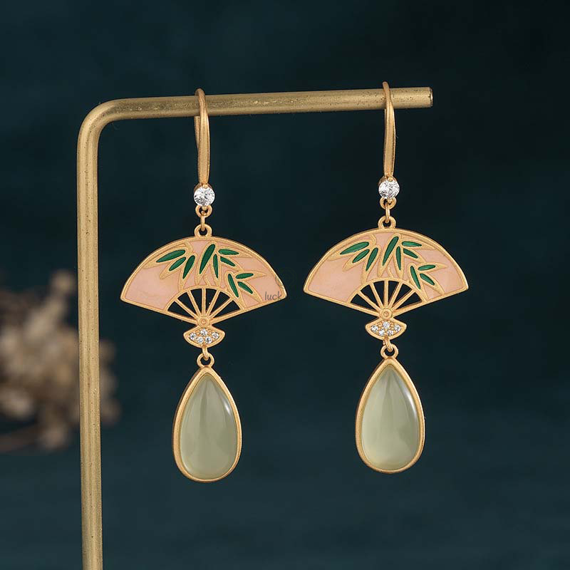 Natural Green Aventurine Fan Pattern Drop Earrings for Luck - Image 2
