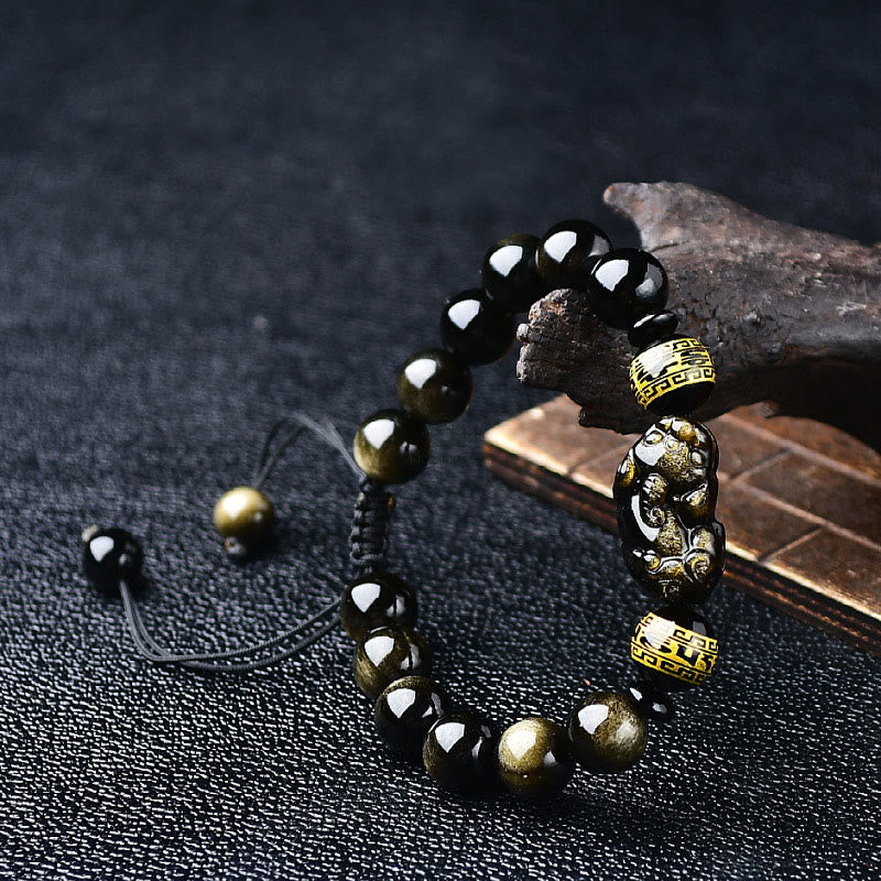 Natural Gold Sheen Obsidian PiXiu Wealth Bracelet with Om Mani Padme Hum - Image 6
