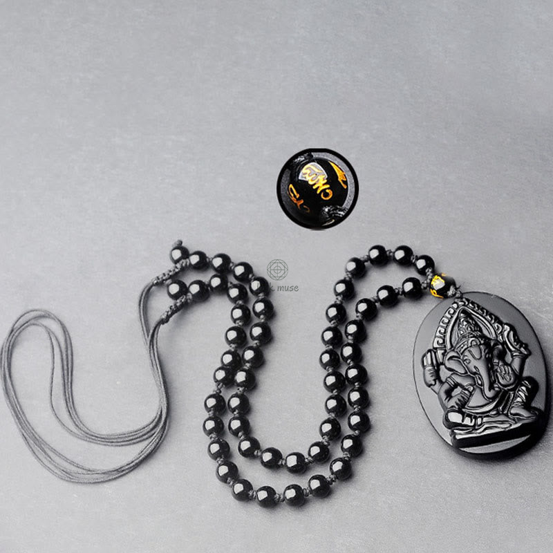 Tibetan Obsidian Ganesh Elephant Wealth Amulet Necklace - Image 11