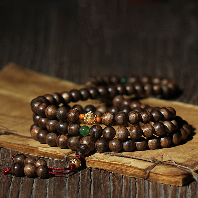 Luck Muse 999 Gold 108 Mala Beads Agarwood Cyan Jade Six Words Strength Bracelet - Image 2