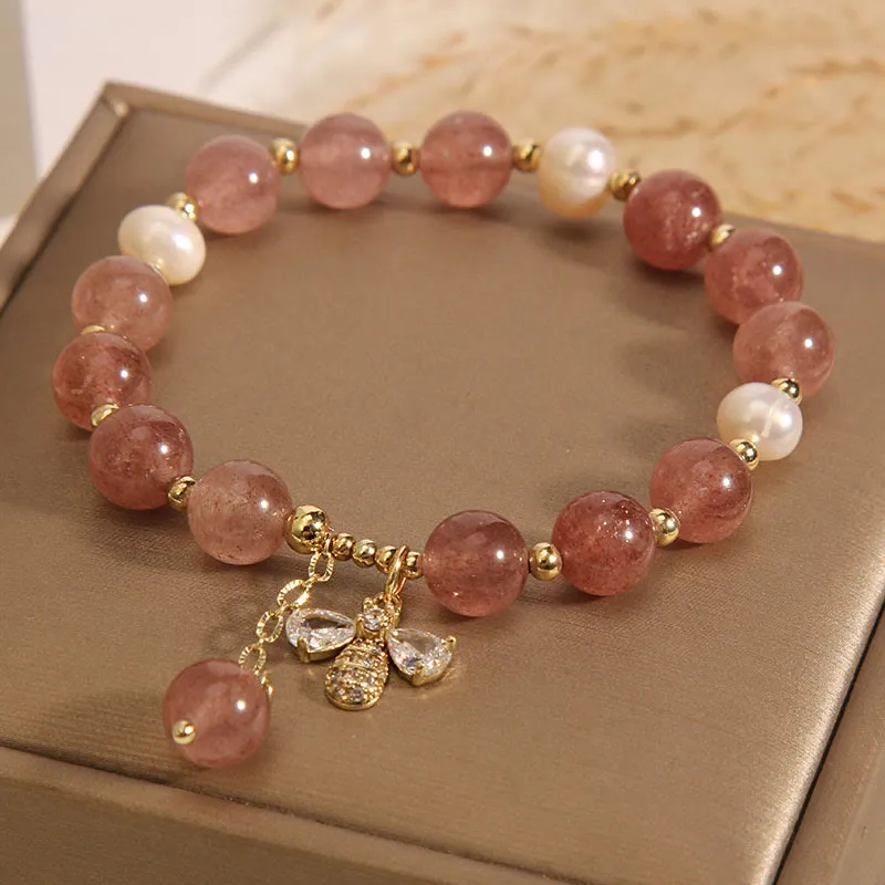 Strawberry Quartz Pearl Zircon Honeybee Charm Bracelet - Image 3