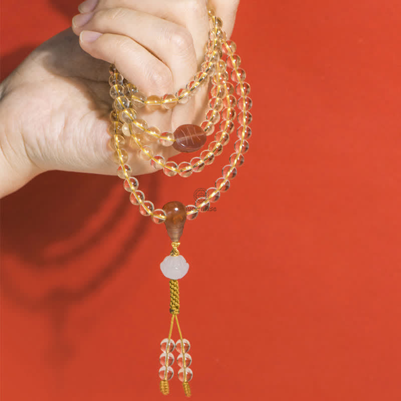 Luck Muse 108 Mala Beads Bracelet with 925 Sterling Silver, Natural Citrine, Red Agate, and White Jade Prosperity Charm - Image 12