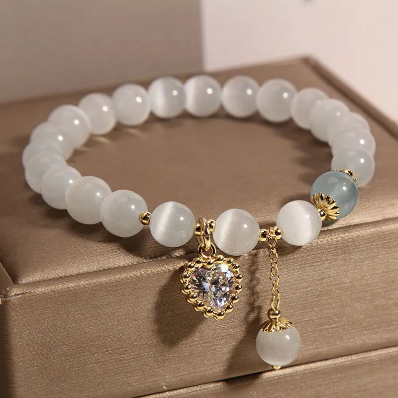 Luck Muse Cat's Eye Crystal Heart Bracelet with Zircon Charm - Peace & Love - Image 3