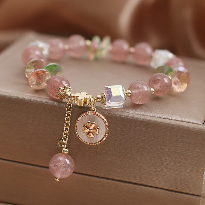 Luck Muse Strawberry Quartz Four Leaf Clover Bracelet with Healing Charm - Image 6