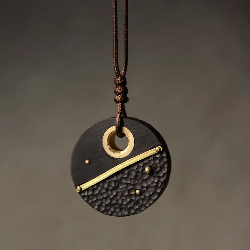 Luck Muse Round Ebony Wood Copper Peace Necklace Pendant