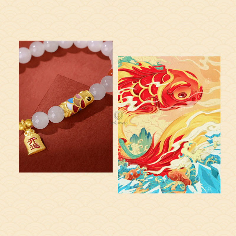 Hetian White Jade and Red Agate Koi Fish Luck Bracelet in 925 Sterling Silver - Image 9