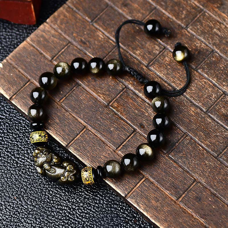 Natural Gold Sheen Obsidian PiXiu Wealth Bracelet with Om Mani Padme Hum