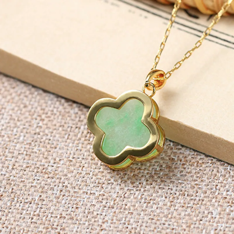 Luck Muse Lucky Four-Leaf Clover Jade Pattern Necklace Pendant - Image 5