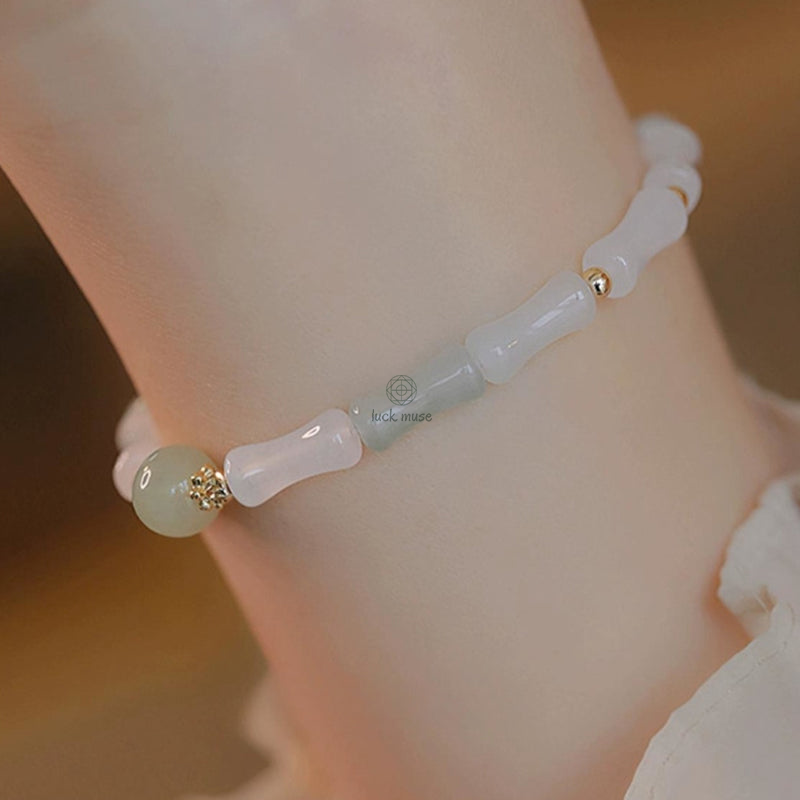 Luck Muse 14K Gold Plated Hetian White Jade Bamboo Leaf Lucky Protection Bracelet - Image 9