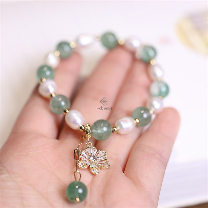 Natural Green Strawberry Quartz Pearl Flower Charm Bracelet - Image 8
