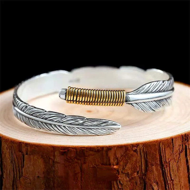 Luck Muse Feather Pattern Engraved Lucky Cuff Bracelet Bangle - Image 4