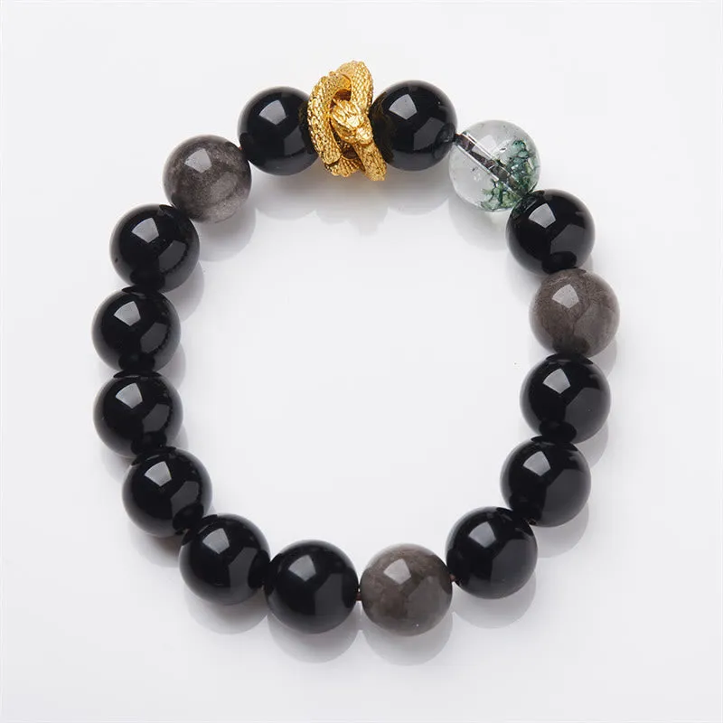 Luck Muse Natural Silver Sheen Obsidian Dragon Green Ghost Protection Bracelet - Image 2