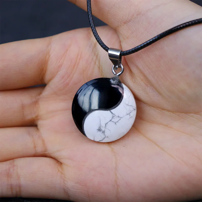 Natural Black Obsidian and White Turquoise Yin Yang Transformation Necklace Pendant - Image 4