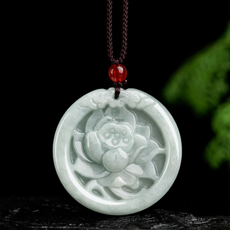 Natural Jade Lotus Flower Carved Necklace Pendant - Image 9