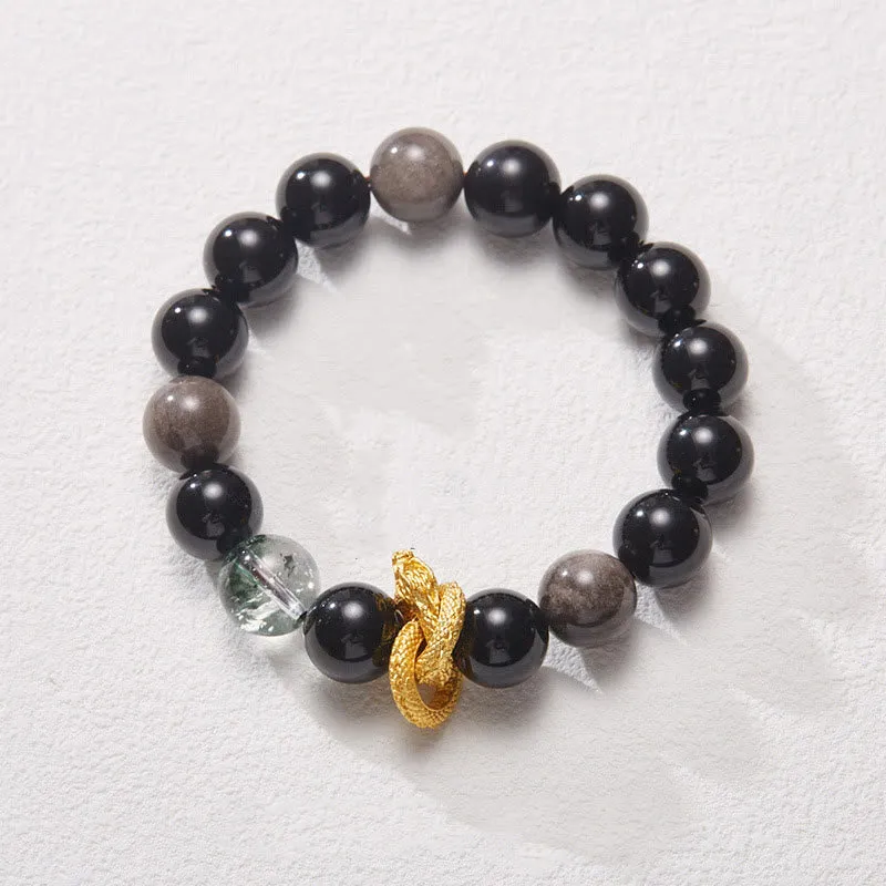 Luck Muse Natural Silver Sheen Obsidian Dragon Green Ghost Protection Bracelet - Image 3